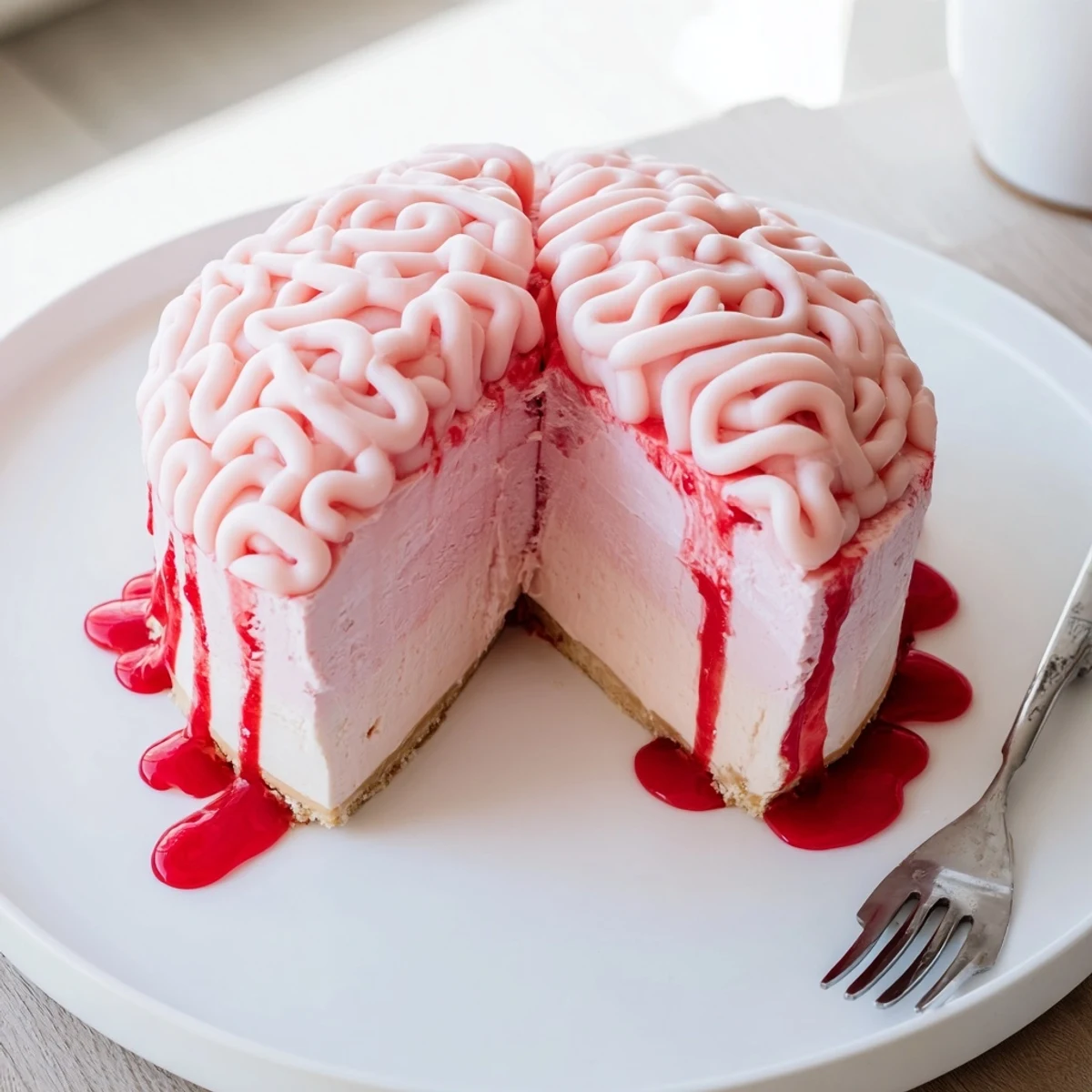 Creepy no bake strawberry cheesecake brain with pink chocolate folds and red drizzle on a spooky Halloween dessert plate