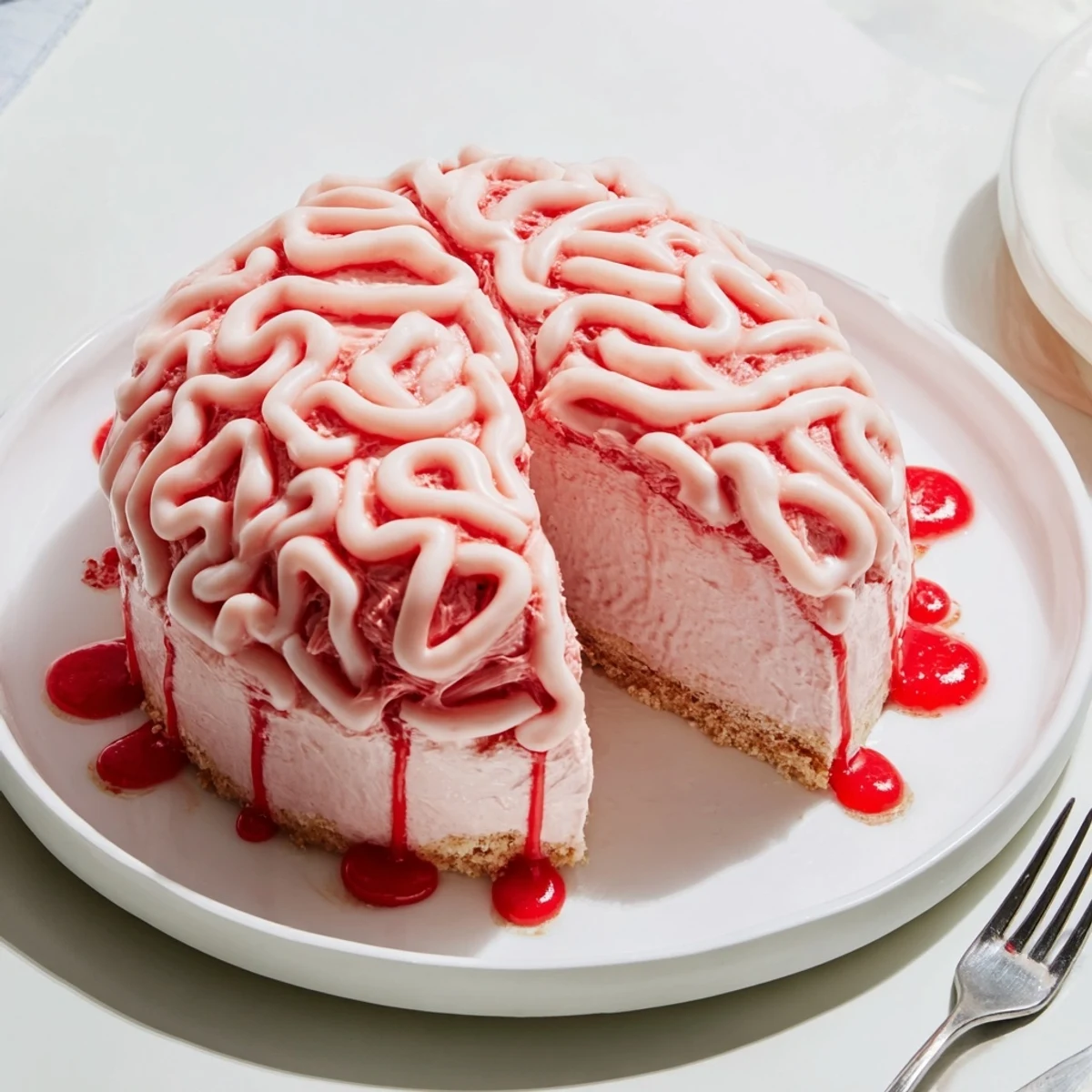 Creamy no bake strawberry cheesecake shaped like a realistic brain topped with gory berry sauce