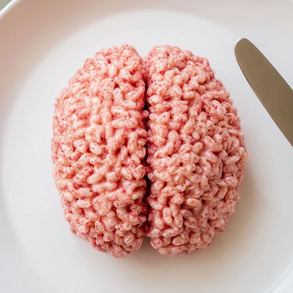 Spooky Stuffed Crispy Rice Cereal Brain sliced open with oozing berry filling on a Halloween party platter