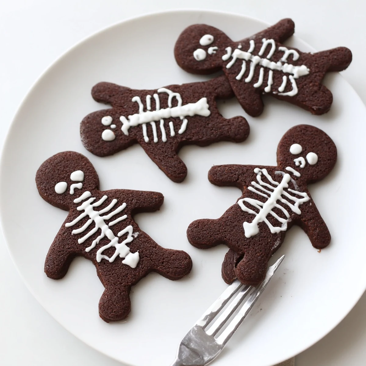 Chocolate Cinnamon Skeleton Cookies with crisp white icing resting on a parchment-lined baking sheet