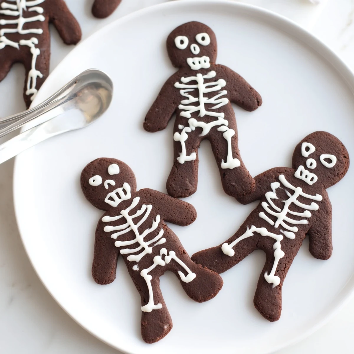 Dark cocoa Chocolate Cinnamon Skeleton Cookies arranged on a rustic tray for Halloween