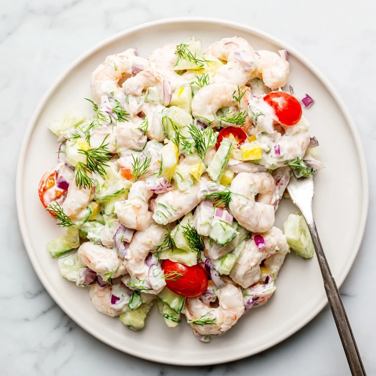 Chilled shrimp salad recipe served on leafy greens with cherry tomatoes and dill