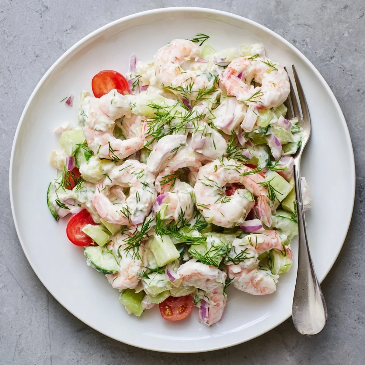 Pink shrimp salad recipe in a bowl with crisp celery and creamy lemon dressing