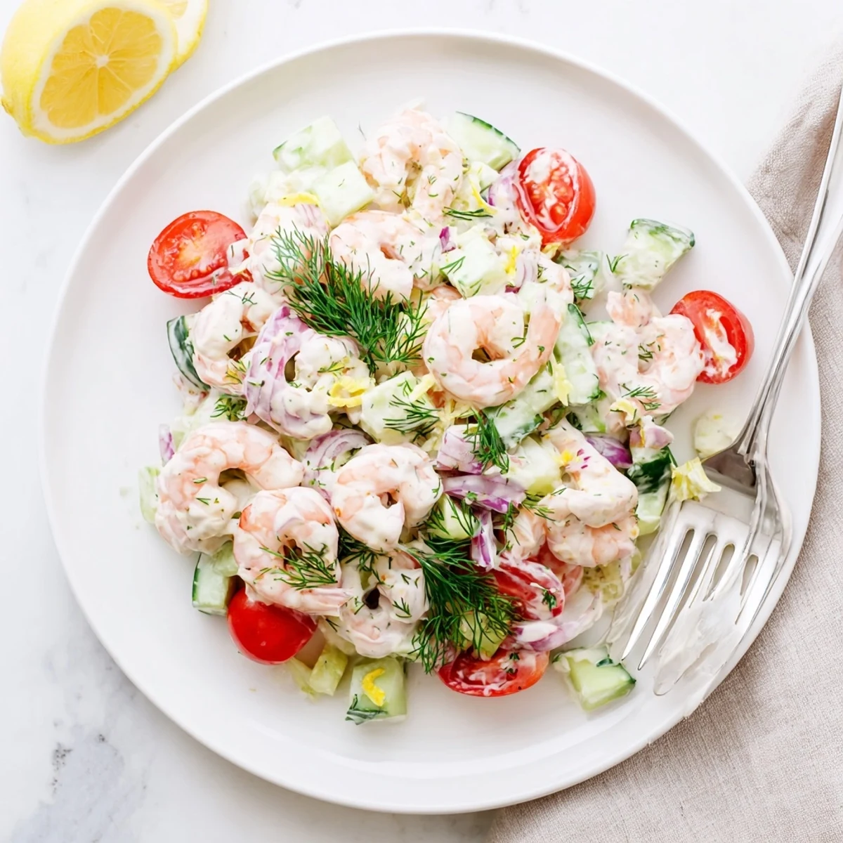 Zesty shrimp salad recipe mounded over greens alongside crusty bread for summer lunch