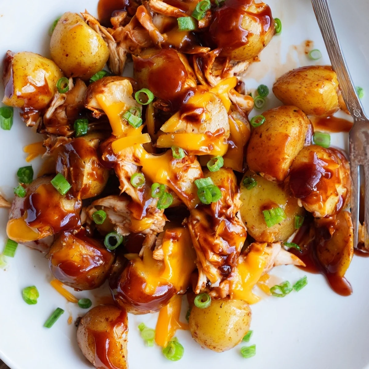 Golden roasted baby potatoes loaded with honey BBQ chicken and melted cheddar cheese