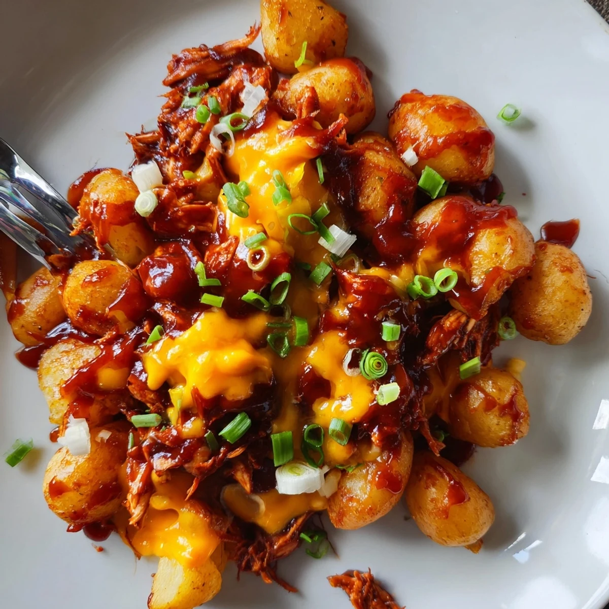 Succulent honey BBQ chicken over crispy potatoes garnished with fresh parsley and green onions