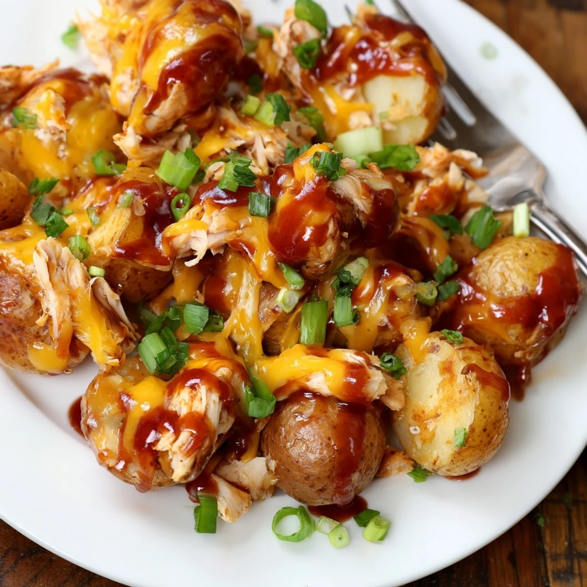 Bubbly cheddar-topped honey BBQ chicken and potatoes served hot from a baking dish