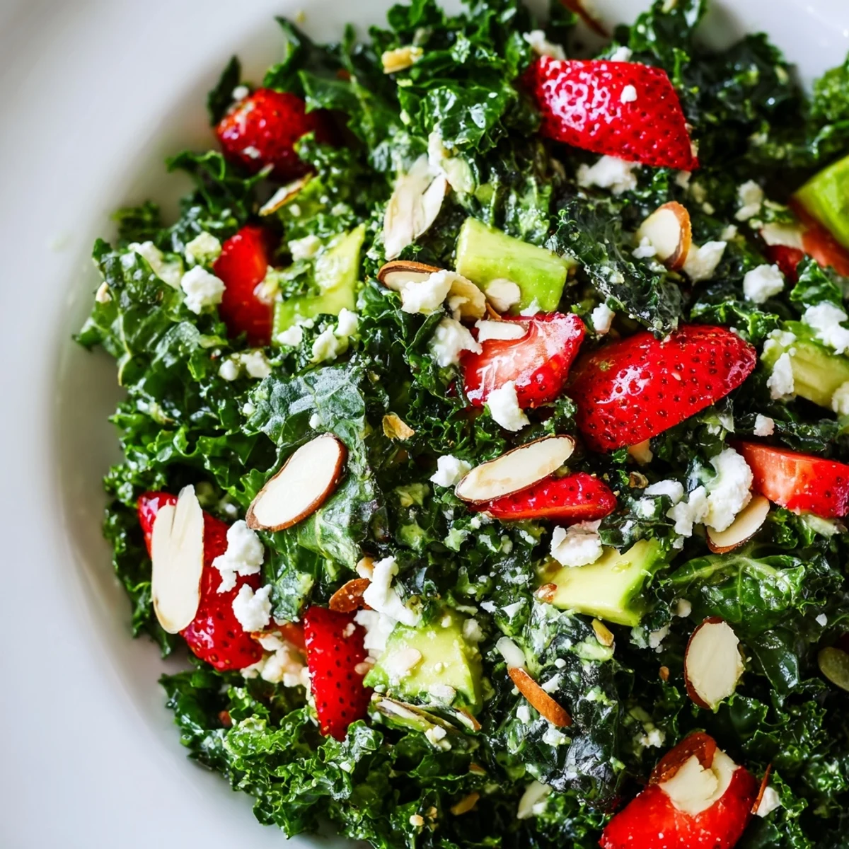 Colorful summer kale salad topped with strawberries, feta, and toasted almonds in a wide bowl.