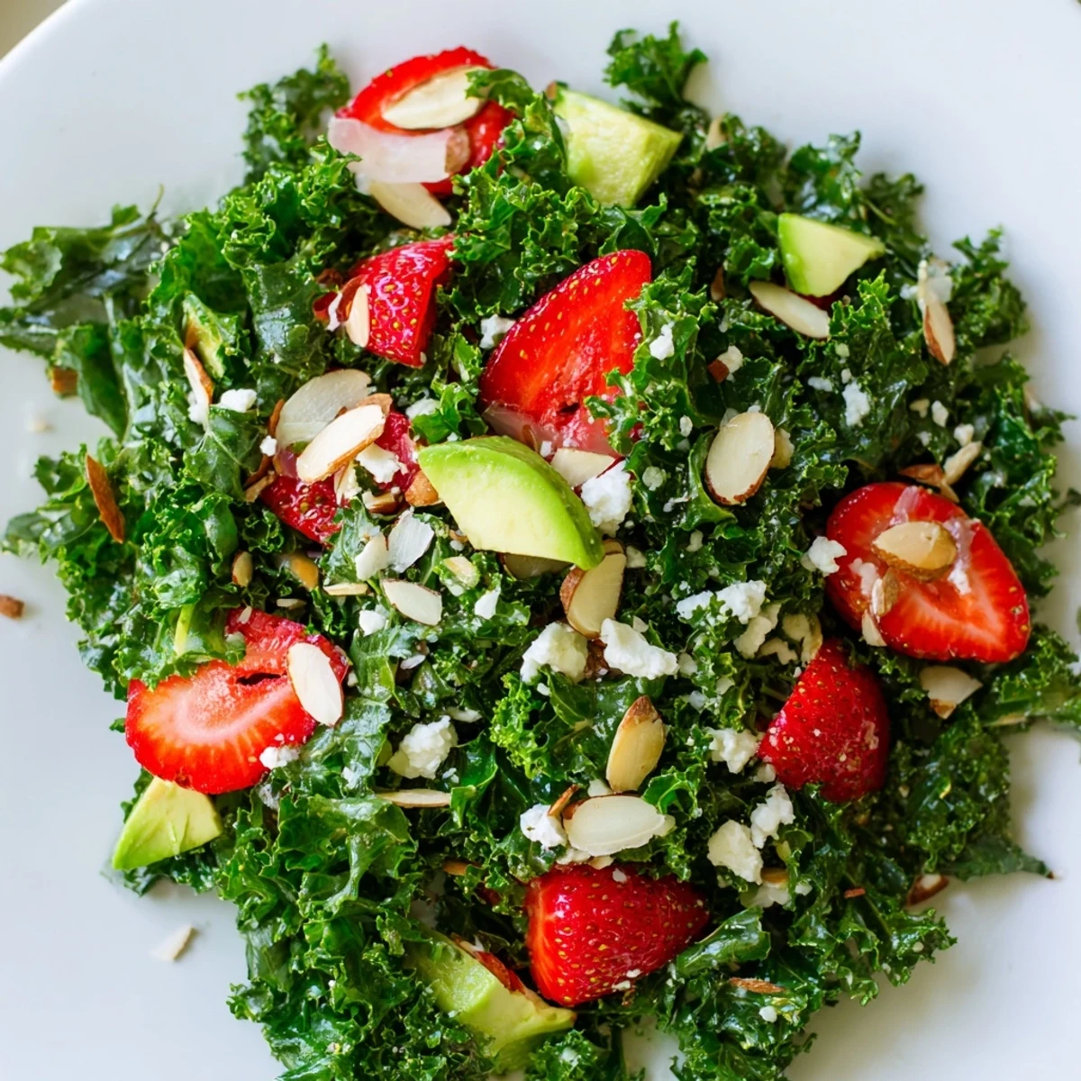 A refreshing summer kale salad piled high with fresh fruit and crunchy sliced almonds.