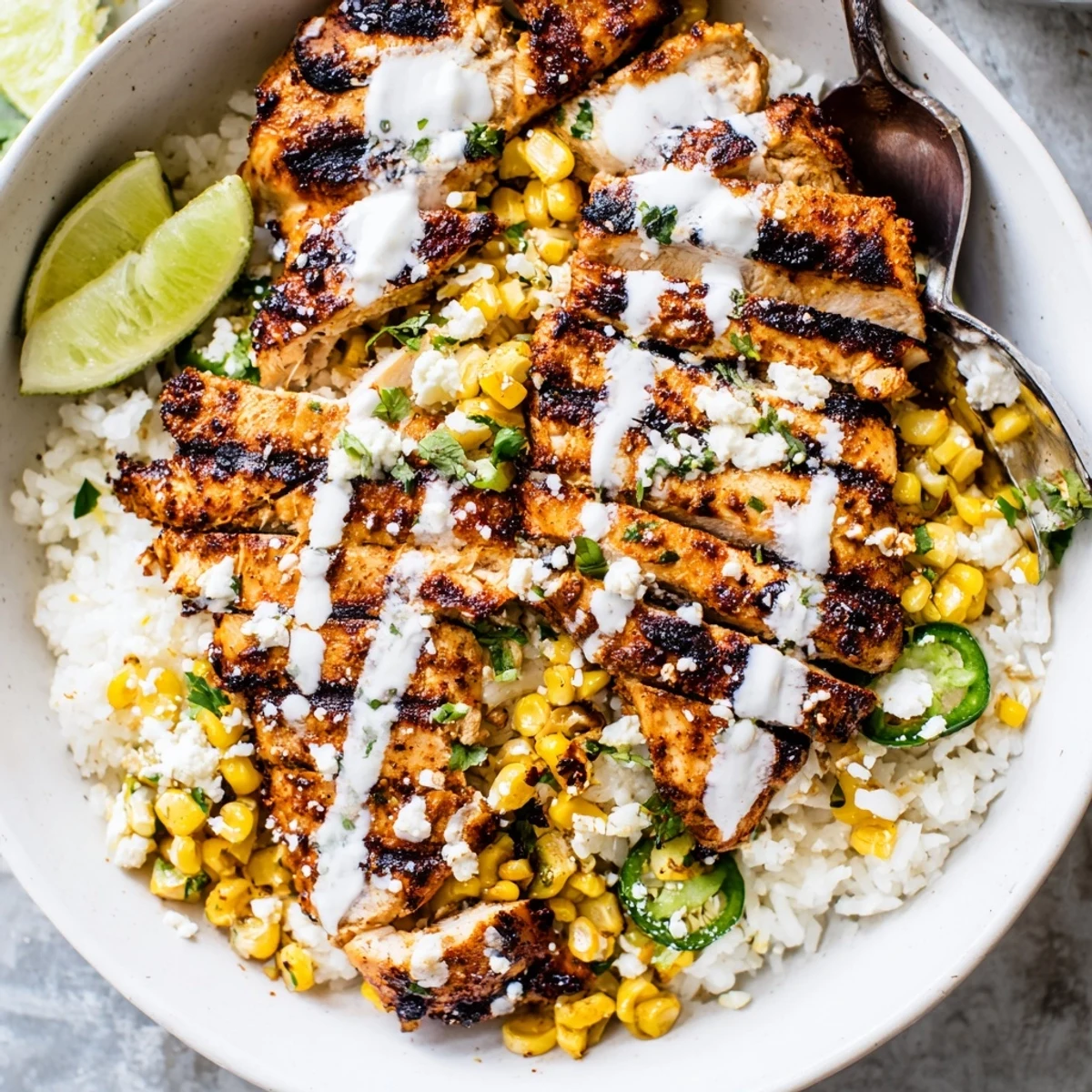 Juicy grilled chicken over rice in a street corn chicken rice bowl drizzled with creamy sauce