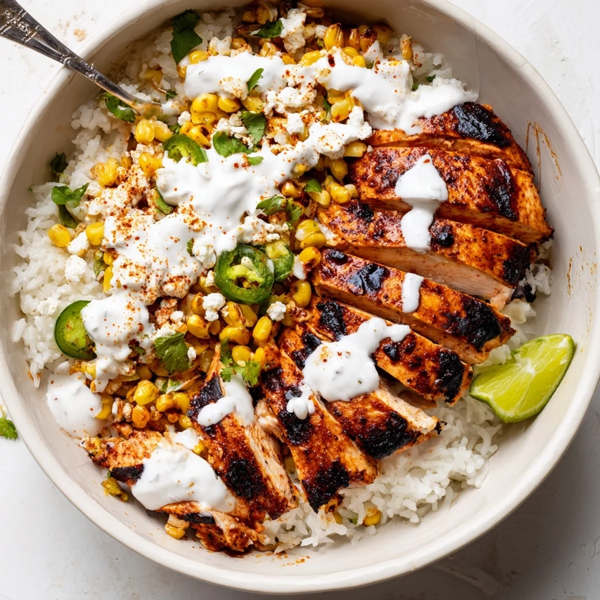 Charred corn and sliced chicken piled high in a vibrant street corn chicken rice bowl