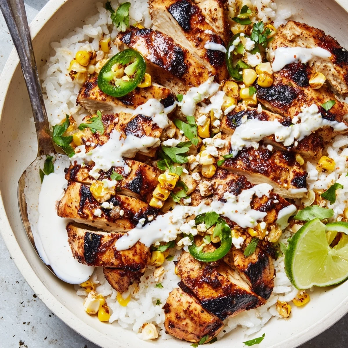 A golden street corn chicken rice bowl topped with crumbled cotija cheese and fresh cilantro