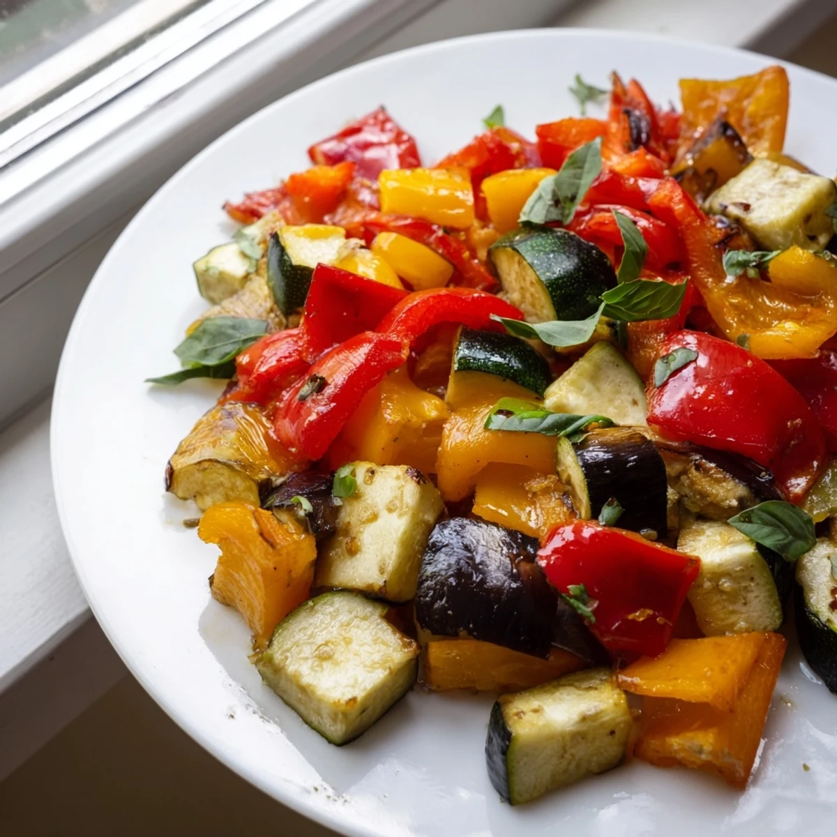 Colorful classic Mediterranean roasted vegetables with caramelized edges on a parchment-lined sheet pan.