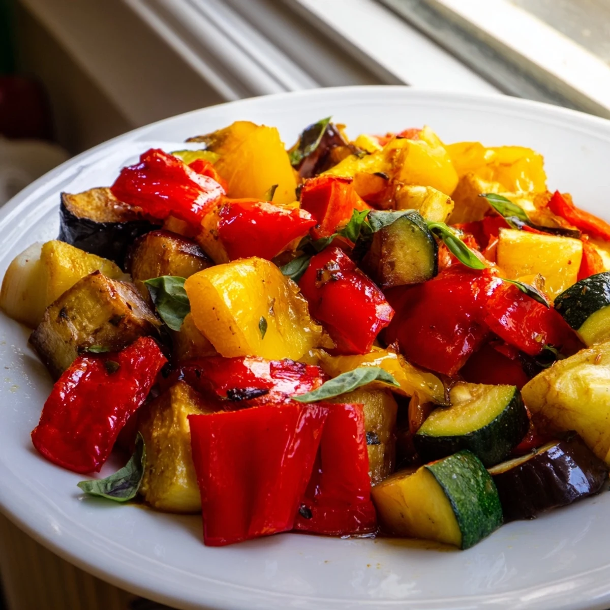 A warm platter of classic Mediterranean roasted vegetables garnished with fresh green basil.