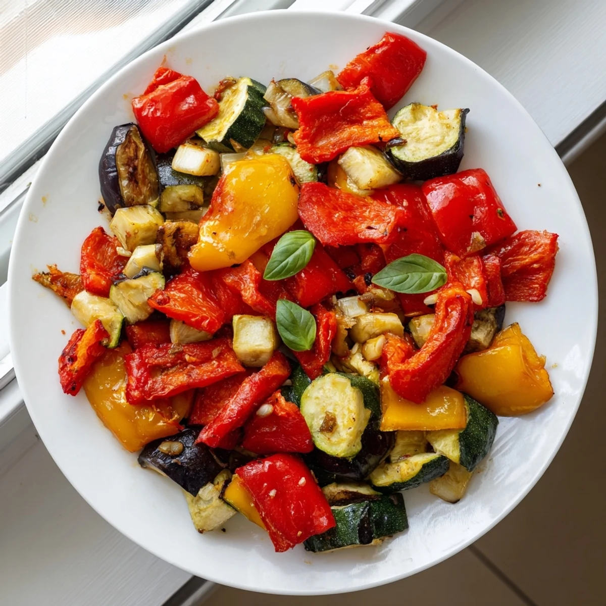 Tender classic Mediterranean roasted vegetables served alongside fluffy quinoa and crumbled feta.
