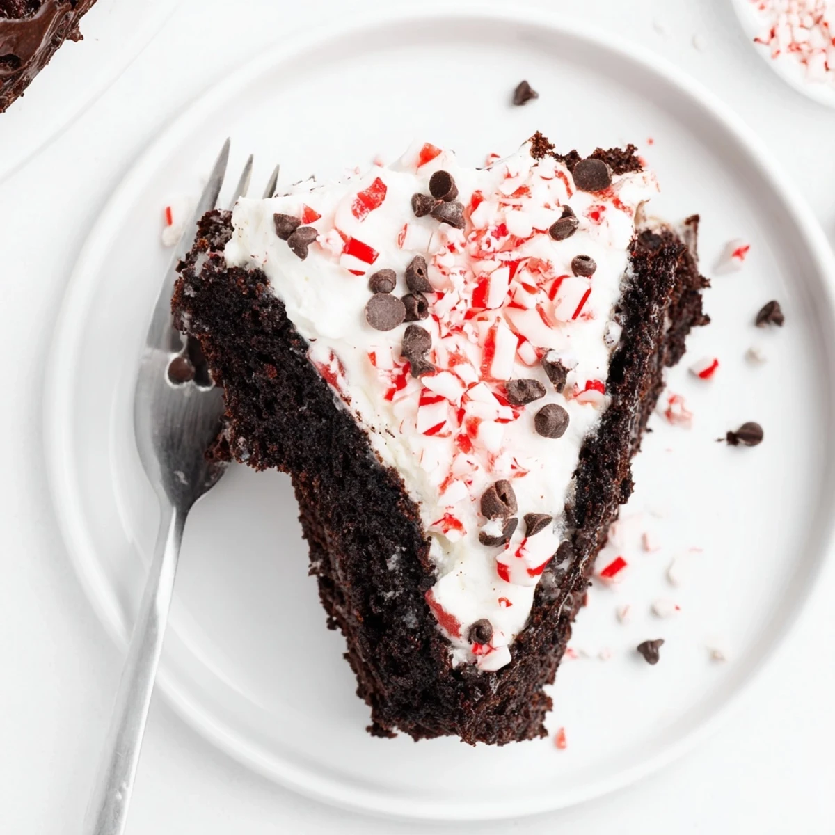 Peppermint Poke Cake with fluffy whipped topping and crushed candies, served chilled.