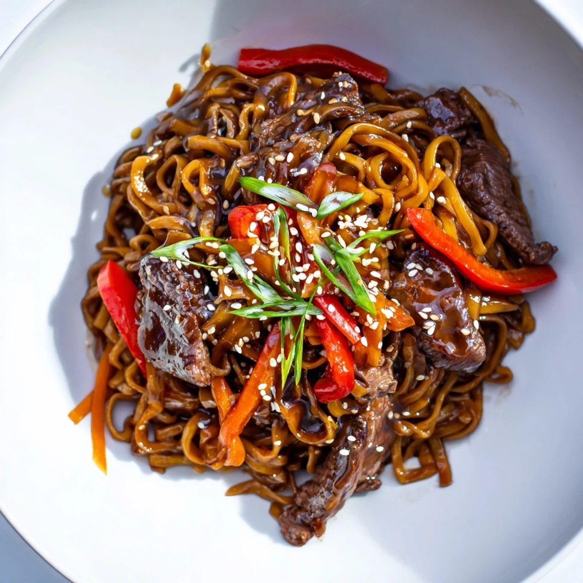 Sticky Beef Noodles glistening with glossy sauce, tender beef and toasted sesame  