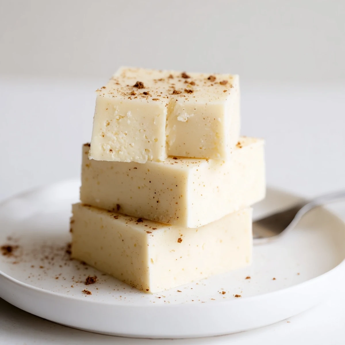 Creamy Eggnog Fudge squares dusted with grated nutmeg on parchment