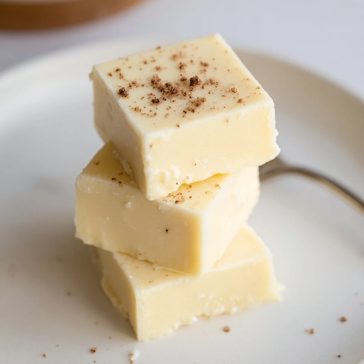 Rich Eggnog Fudge chilling in pan, ready to be sliced and served