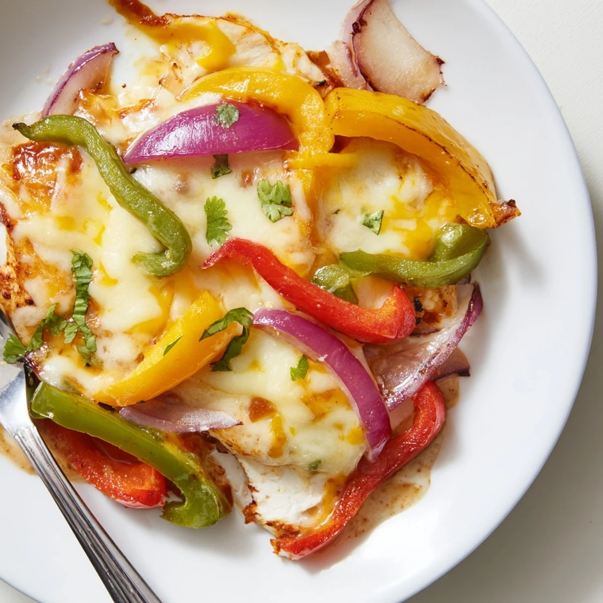 Cheesy Baja Chicken Bell Pepper Skillet with melted Monterey Jack, vibrant peppers.