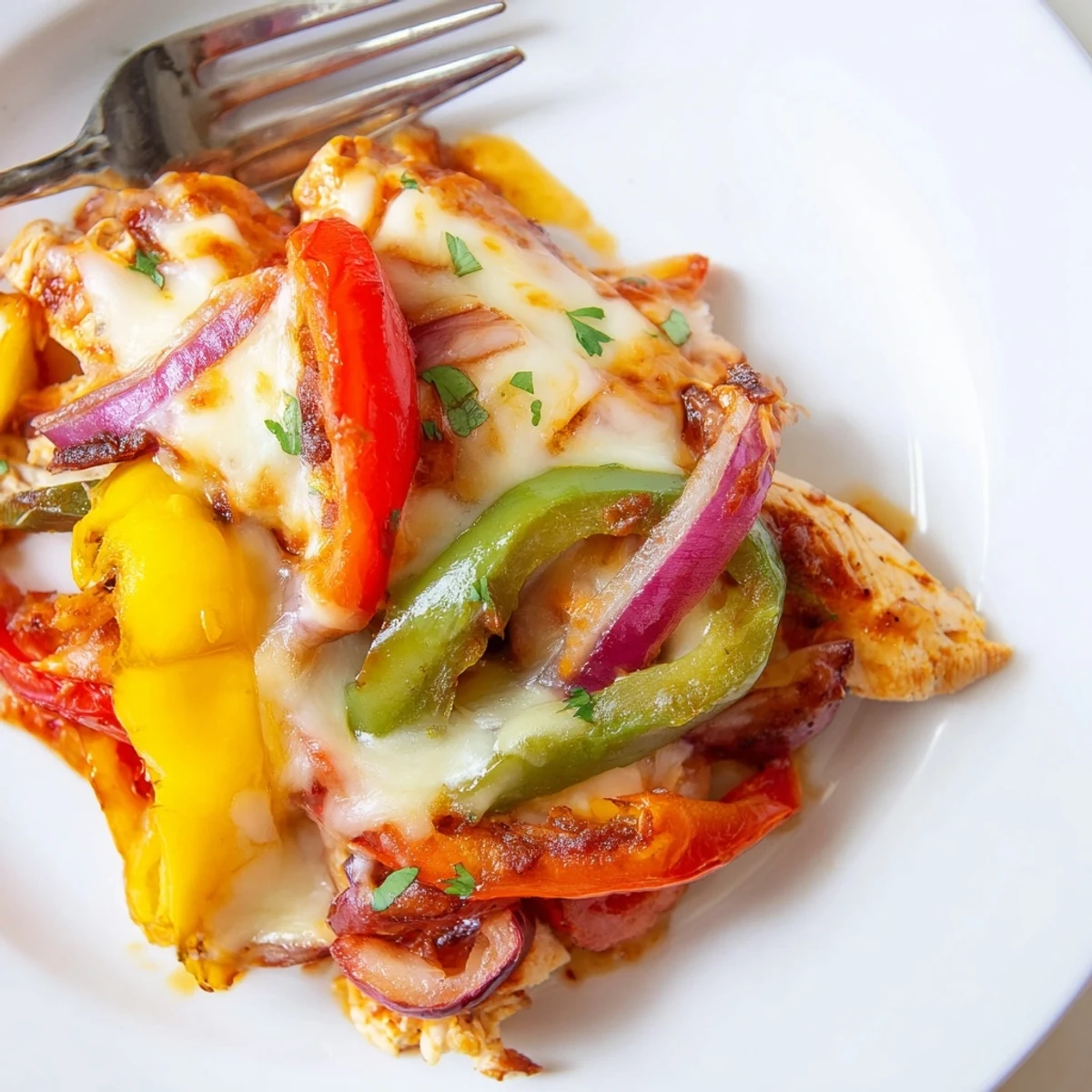 Cheesy Baja Chicken Bell Pepper Skillet served with warm corn tortillas, cilantro garnish.