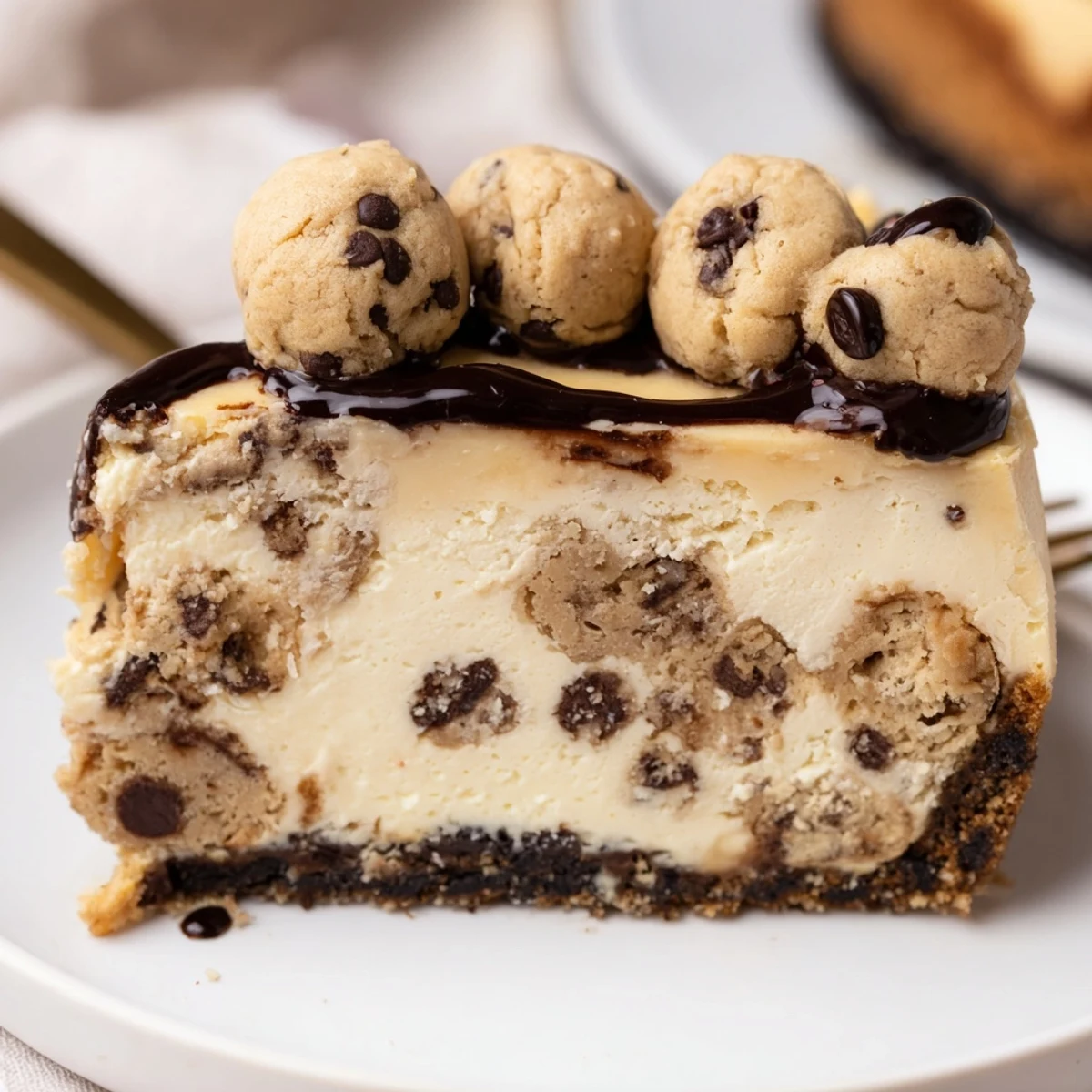 Chocolate Chip Cookie Dough Cheesecake chilled slices with gooey dough pockets and crumbs