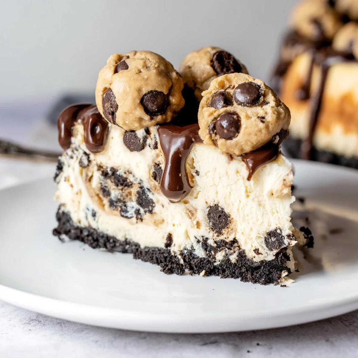 Slice of Chocolate Chip Cookie Dough Cheesecake on plate, cookie crust visible