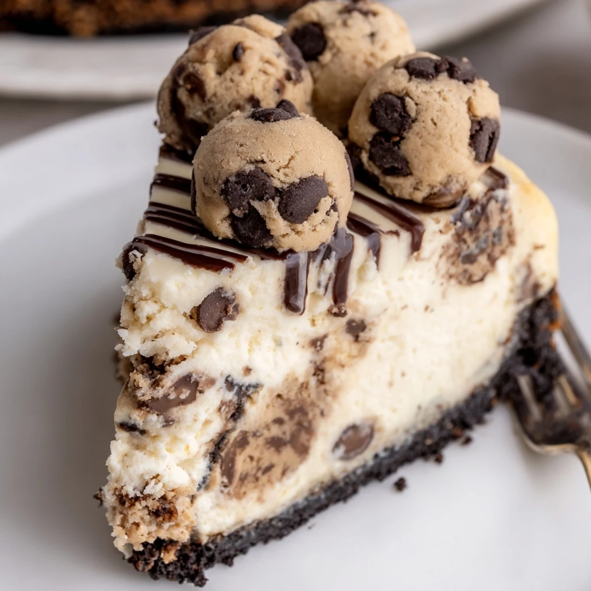 Homemade Chocolate Chip Cookie Dough Cheesecake topped with mini chips, creamy texture