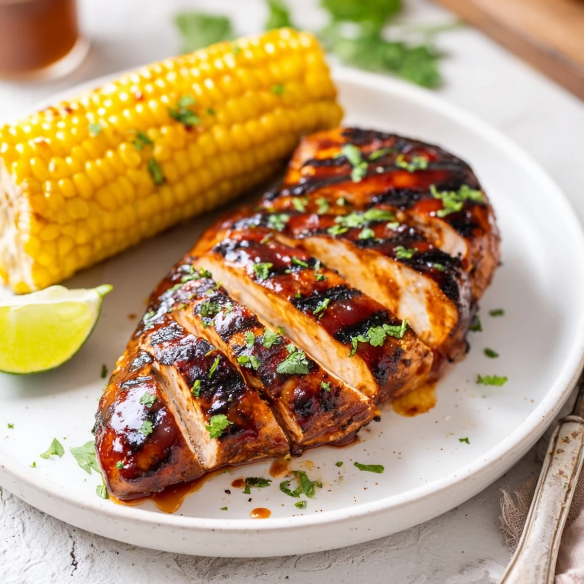 BBQ Chicken With Corn sizzling on the grill, barbecue glaze and butter.