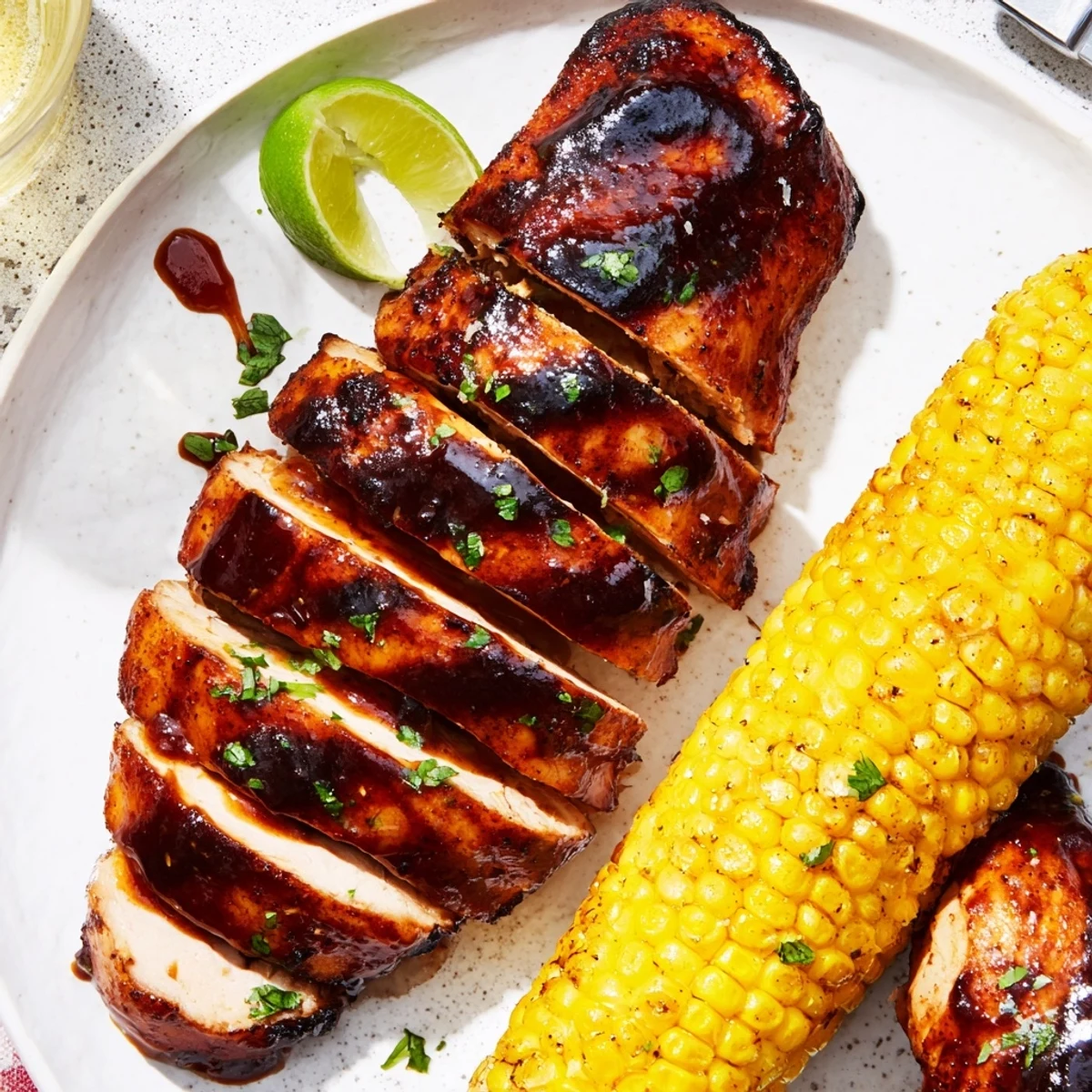 Juicy BBQ Chicken With Corn on the cob, garnished with lime wedges.