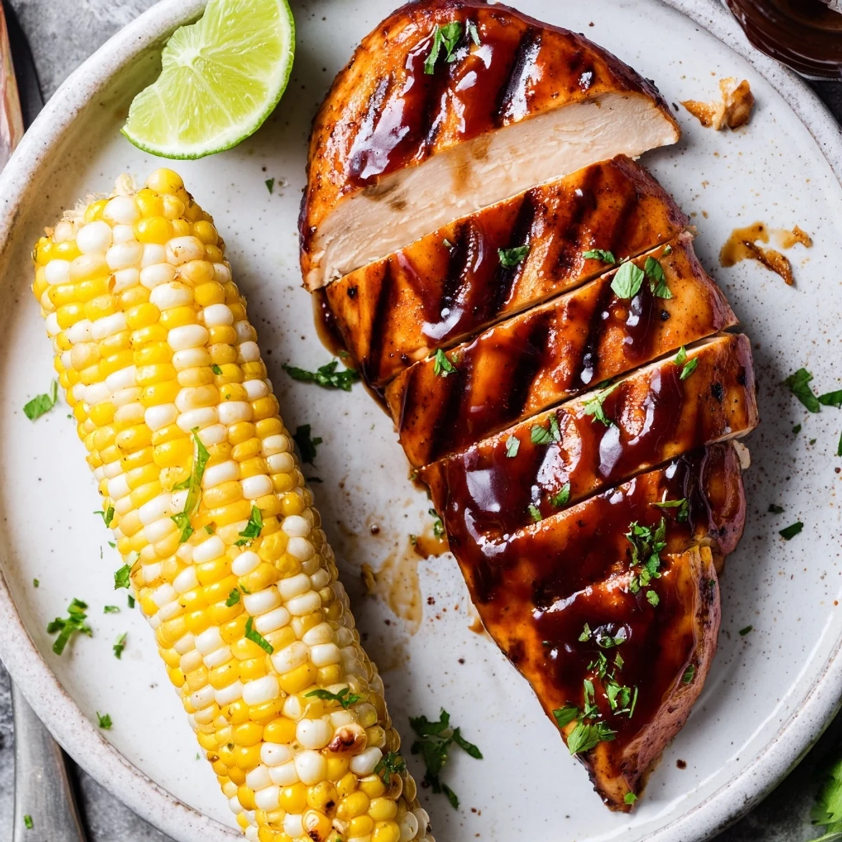 Family-style BBQ Chicken With Corn plated with charred kernels and fresh parsley.