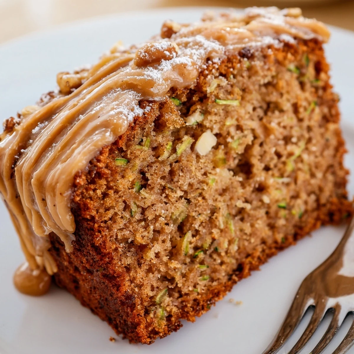 Slice of Zucchini Cake With Brown Sugar Icing showing moist crumb, glossy icing