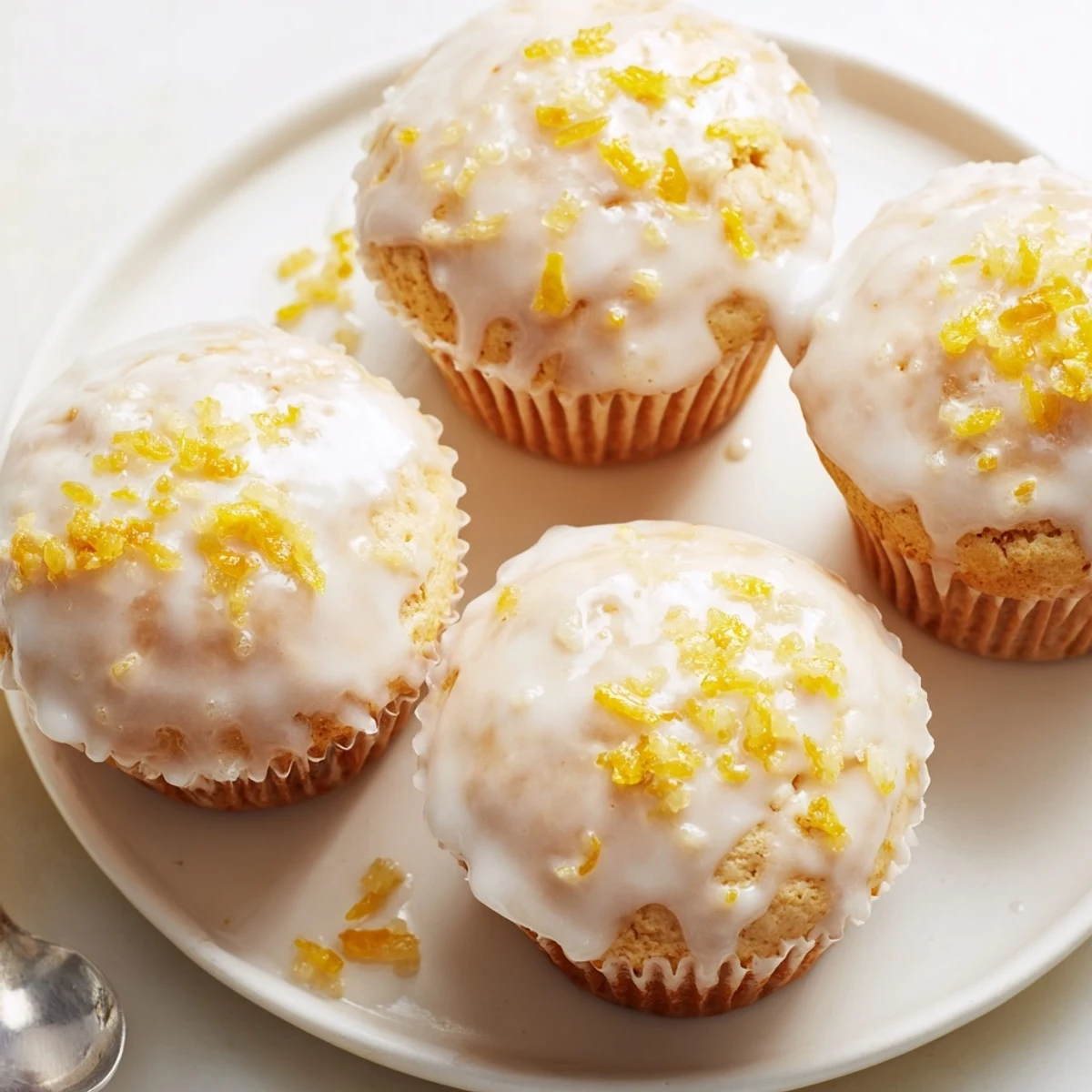 Plated Glazed Lemon Ginger Muffins garnished with lemon zest, perfect with tea