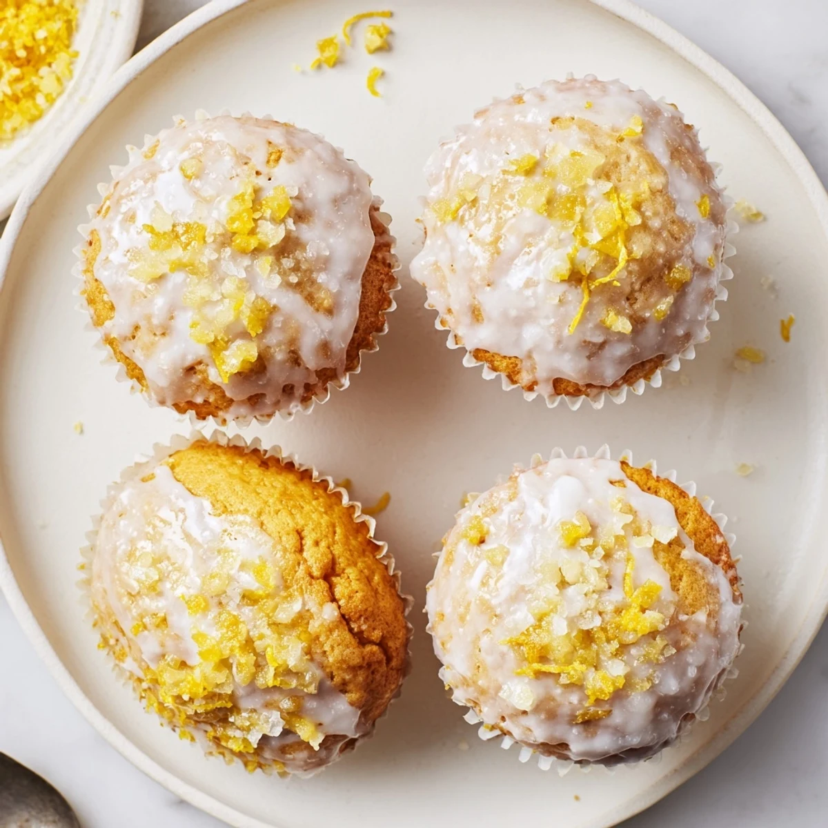 Fresh-baked Glazed Lemon Ginger Muffins resting on a rack, zesty glaze dripping