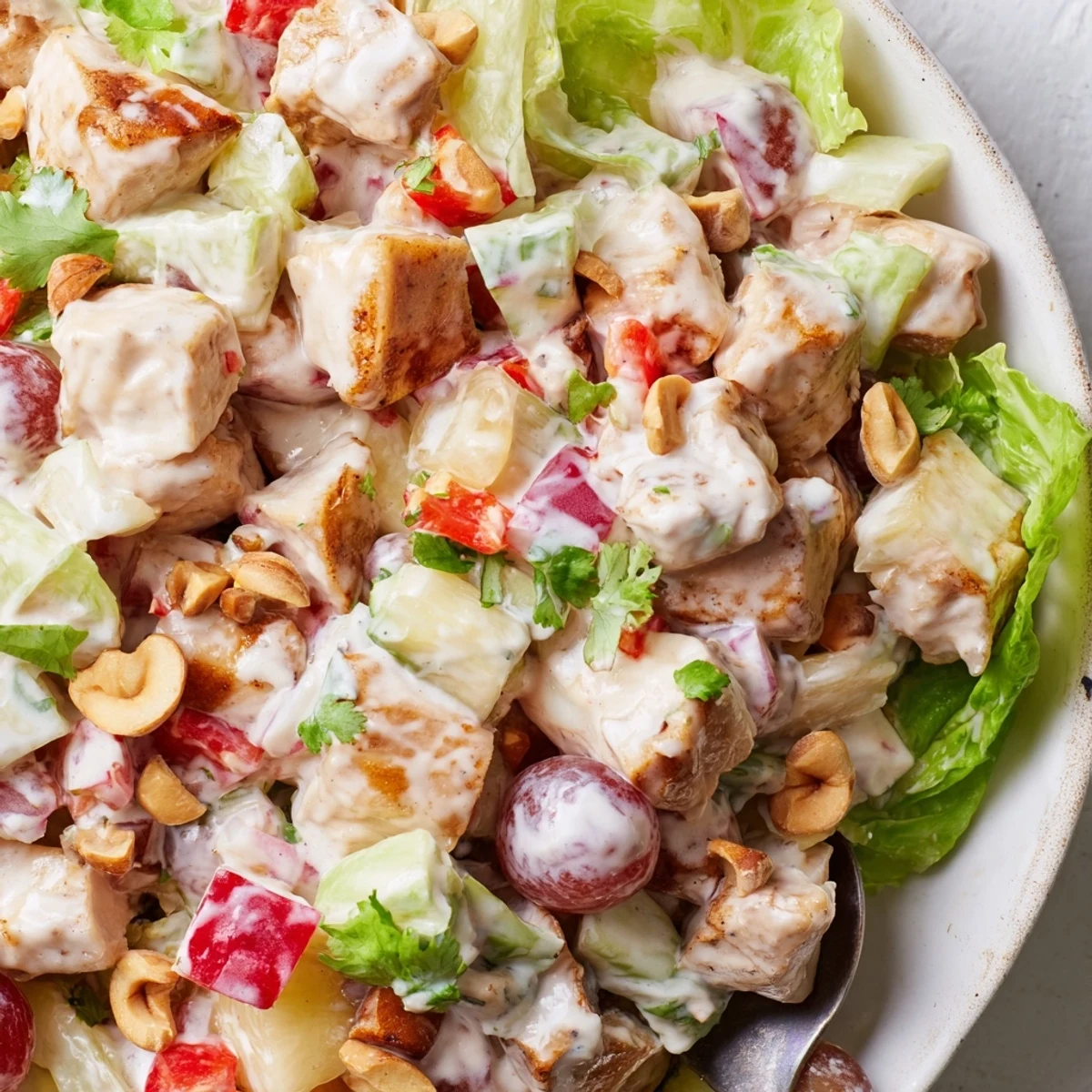 Bright Hawaiian Chicken Salad Recipe tossed with crunchy celery, grapes, and macadamias