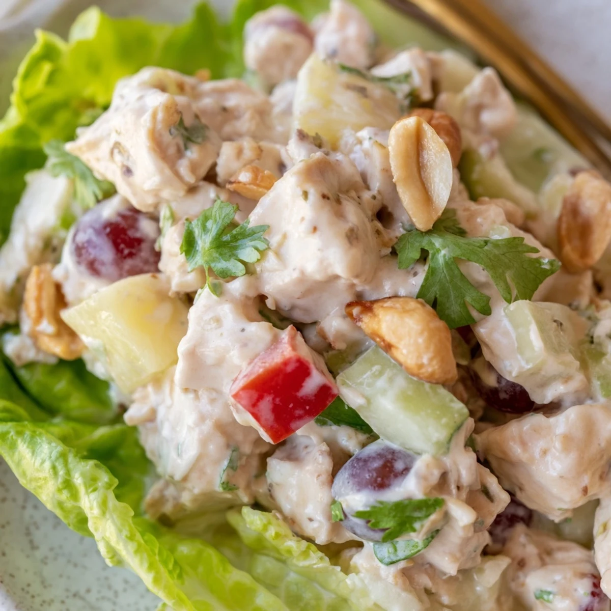 Chilled Hawaiian Chicken Salad Recipe served on butter lettuce for a summer lunch