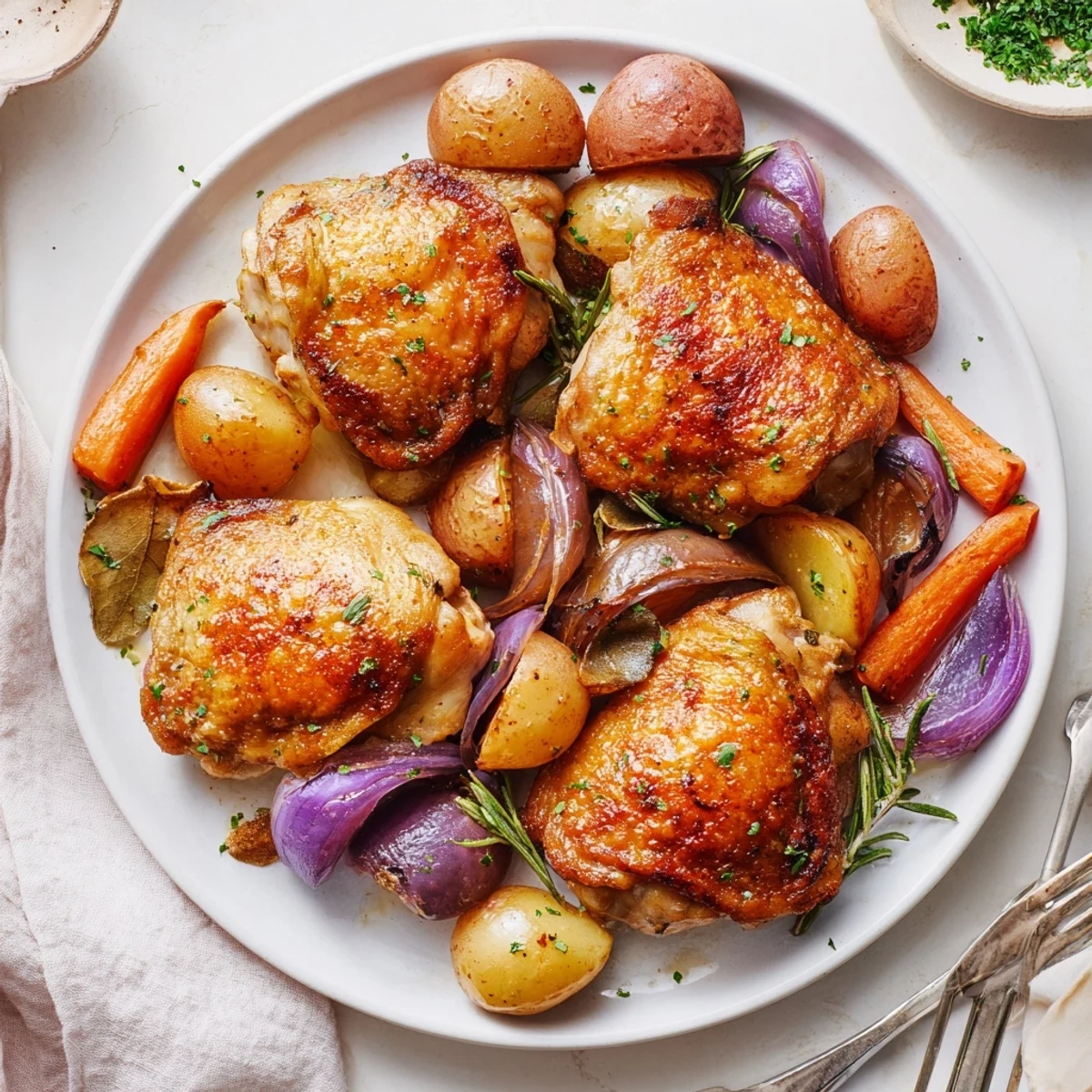Sheet Pan Chicken And Potatoes boasting golden skin, crisp potatoes, fragrant roasted garlic