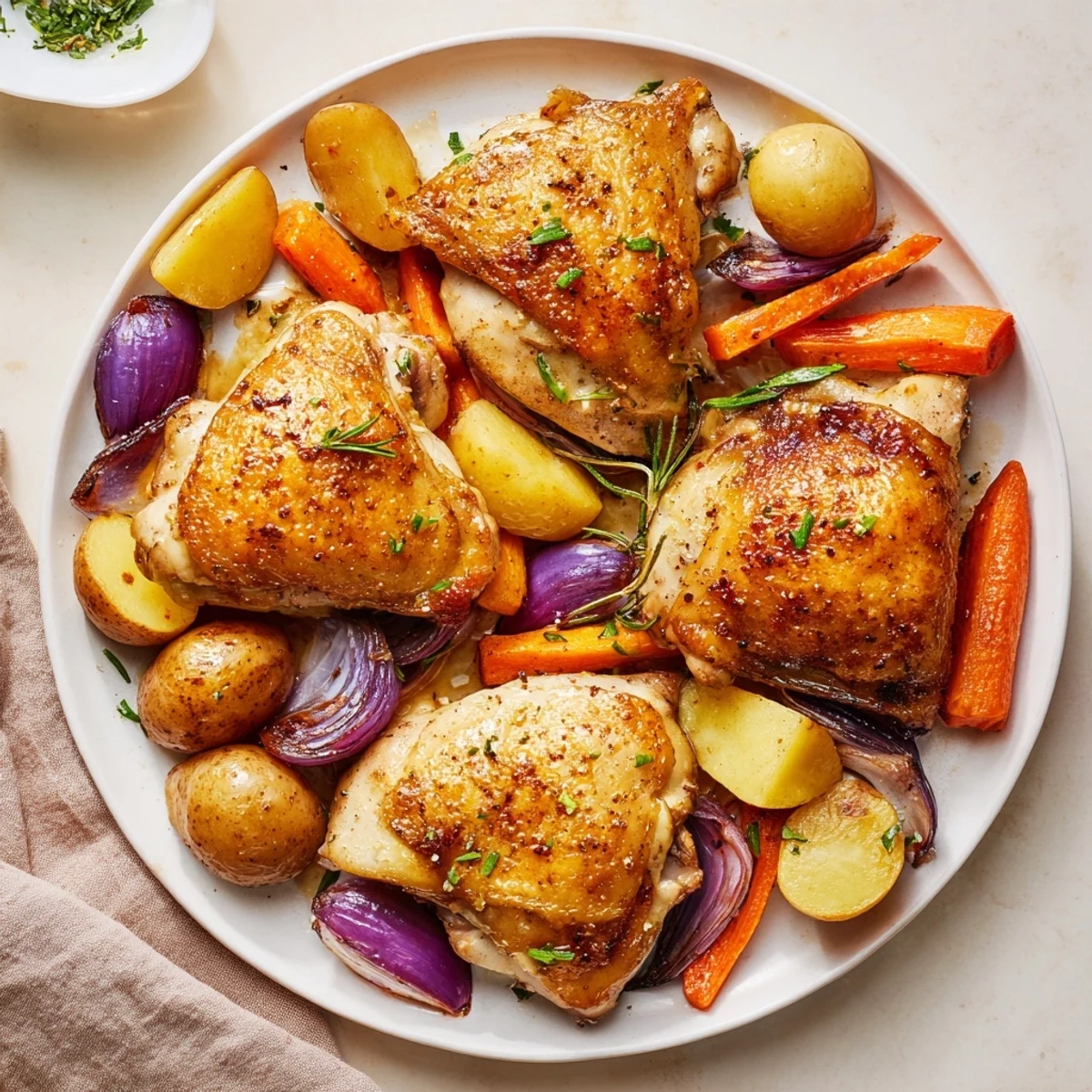 Oven-roasted Sheet Pan Chicken And Potatoes nestled over herb-seasoned carrots and onions