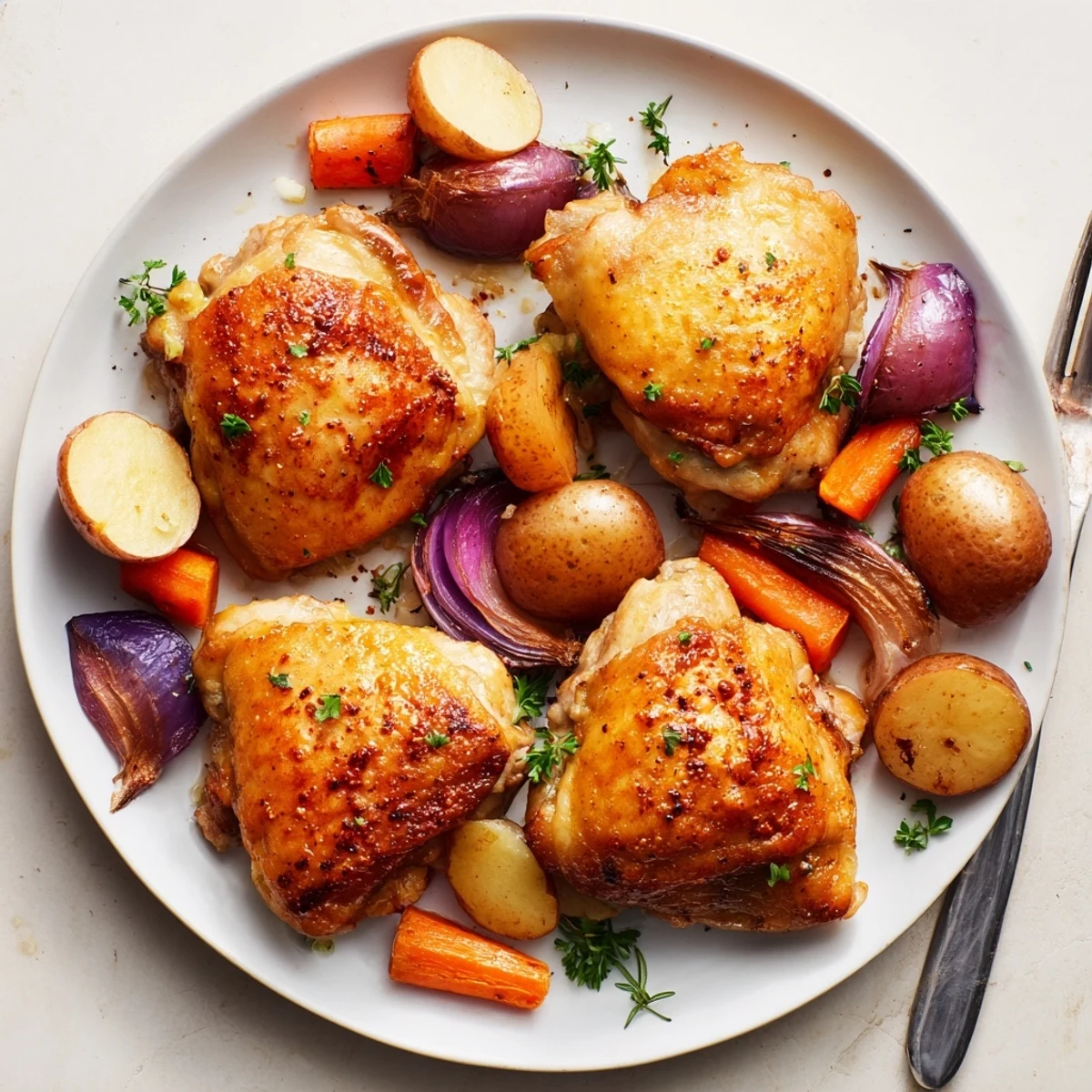 Rustic Sheet Pan Chicken And Potatoes served hot with chopped parsley and lemon