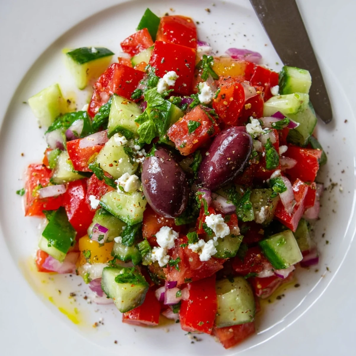 Turkish Shepherds Salad with juicy tomatoes, crisp cucumbers, herbs, zesty lemon dressing.