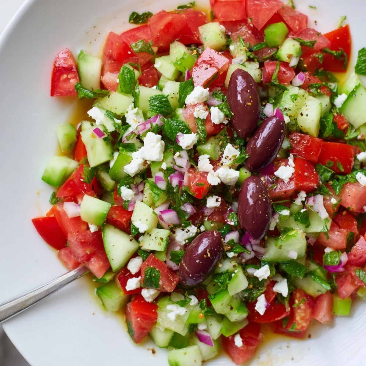 Bright Turkish Shepherds Salad served in bowl beside grilled chicken and warm pita.