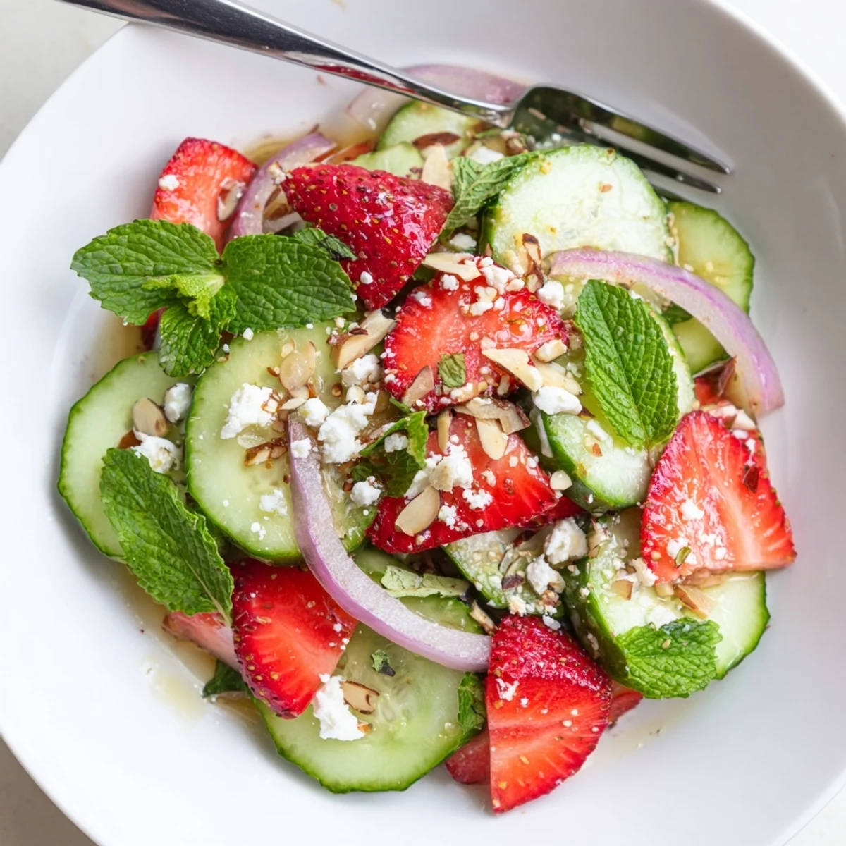 Cucumber Strawberry Salad with bright mint and honey-balsamic dressing, served chilled.