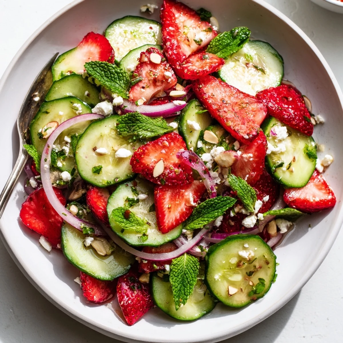 A bowl of Cucumber Strawberry Salad, crisp cucumbers, sweet berries, torn mint leaves.