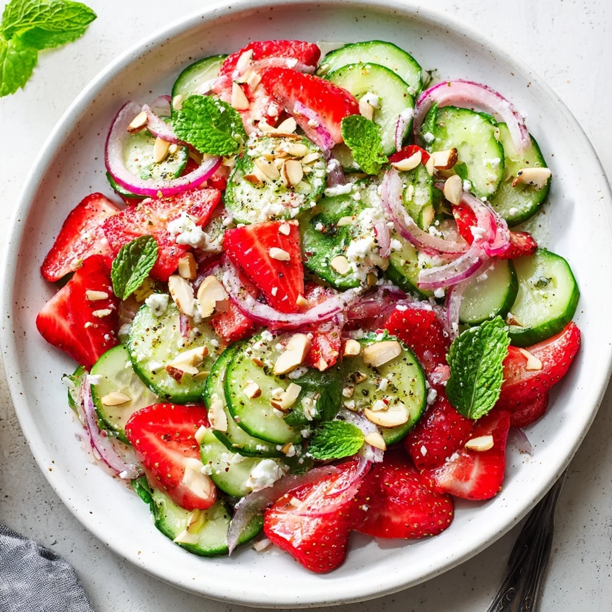 Cucumber Strawberry Salad piled on plate, tangy white-balsamic dressing, refreshing.