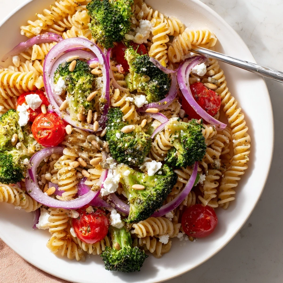 Broccoli Pasta Salad with tender florets, al dente pasta, zesty lemon dressing.