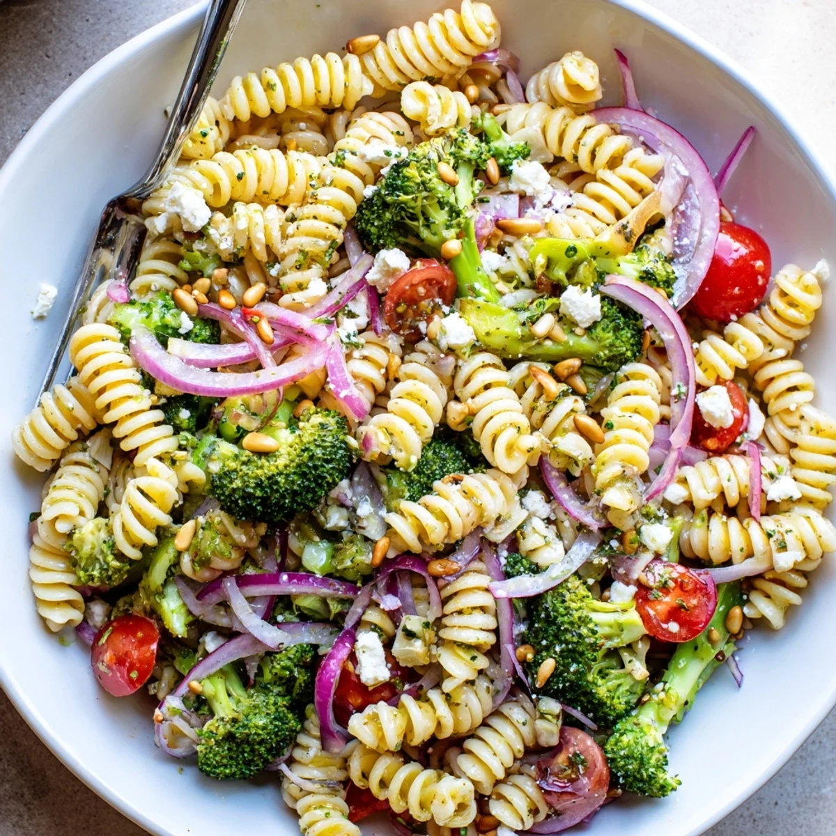 Chilled Broccoli Pasta Salad studded with cherry tomatoes, red onion, feta.