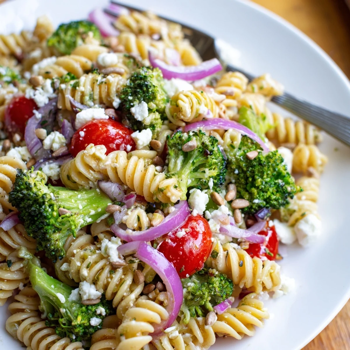Picnic-ready Broccoli Pasta Salad tossed in Dijon vinaigrette, toasted sunflower seeds.