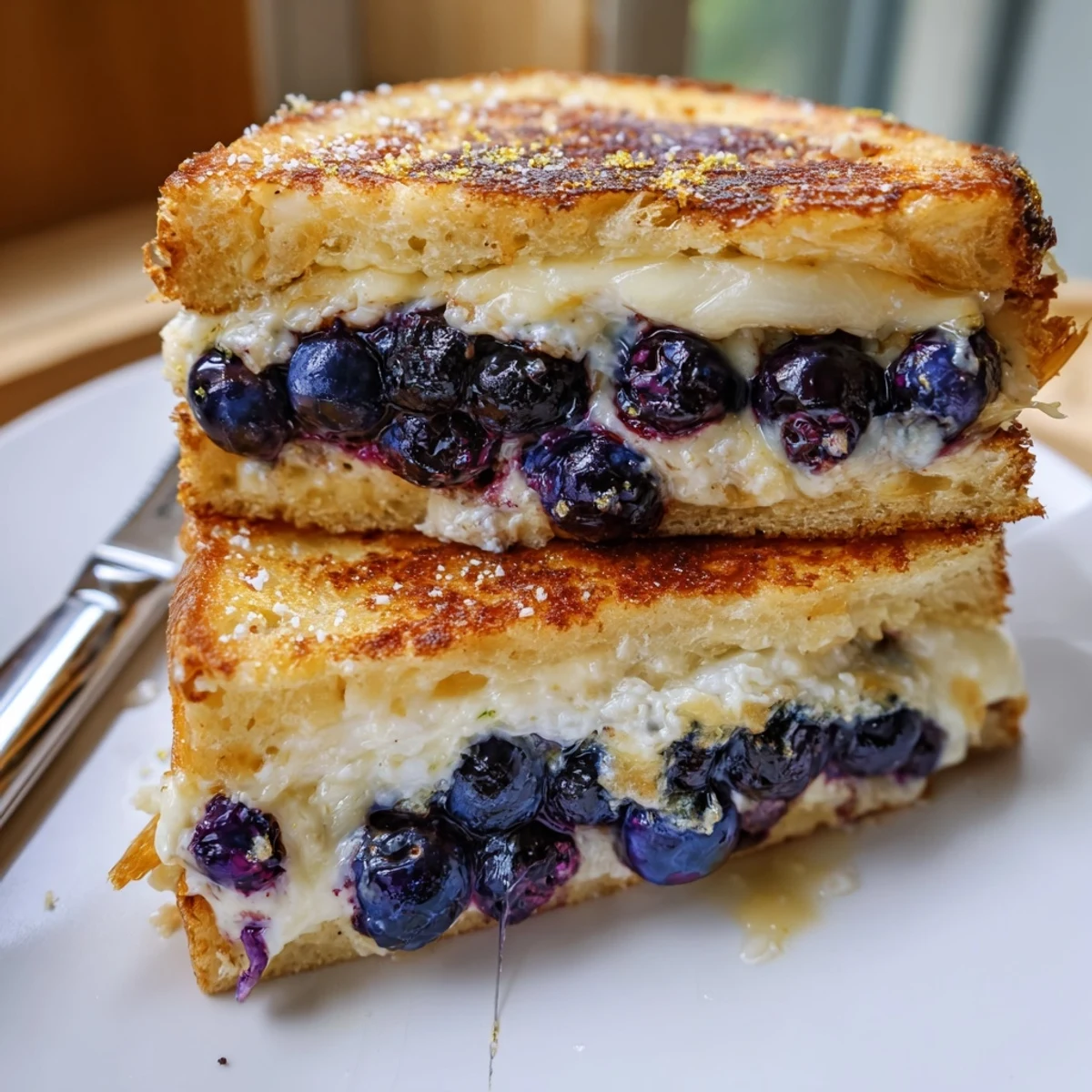 Toasted Juicy Blueberry Grilled Cheese with golden crust and gooey filling