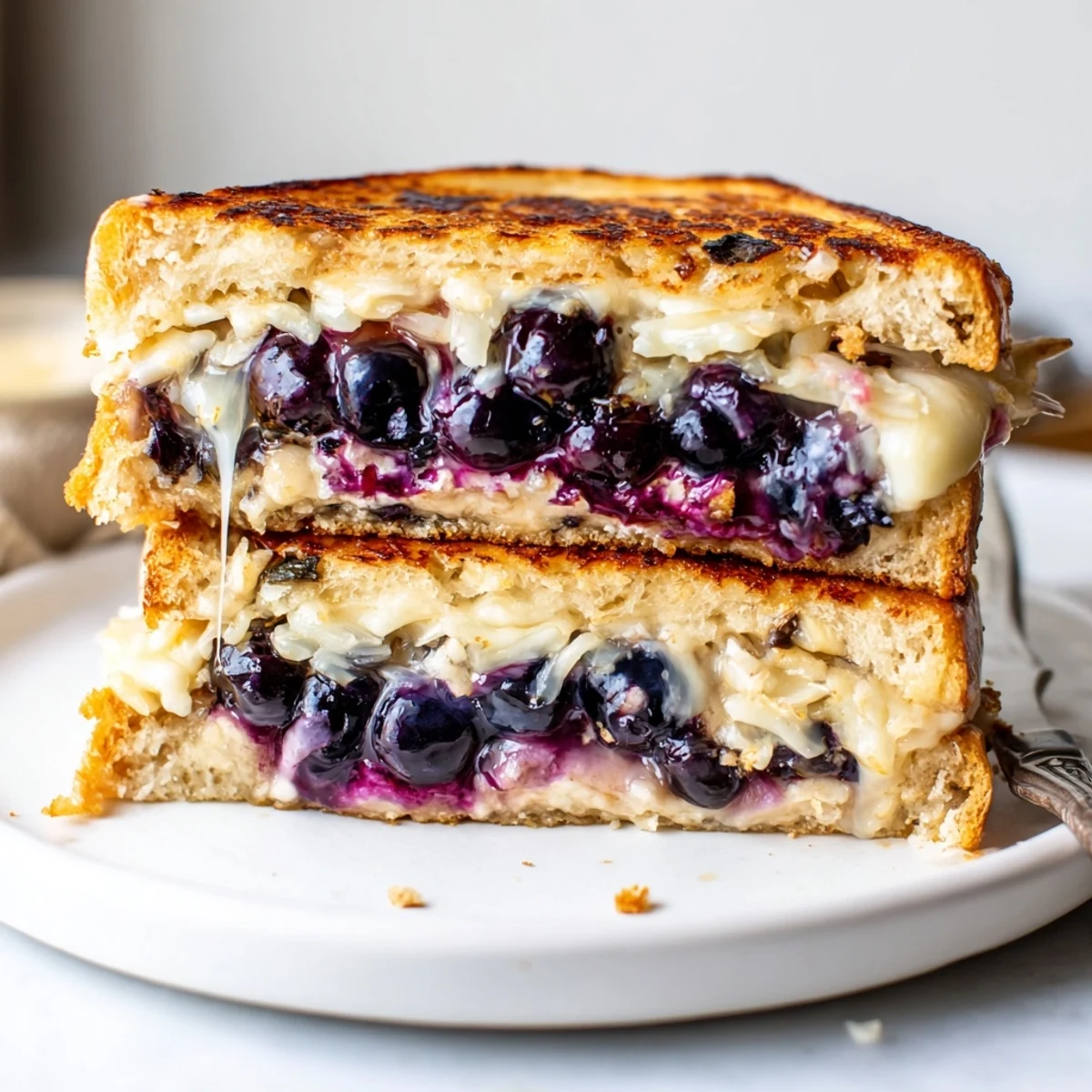 Warm Juicy Blueberry Grilled Cheese served with tomato soup, honey-kissed blueberries