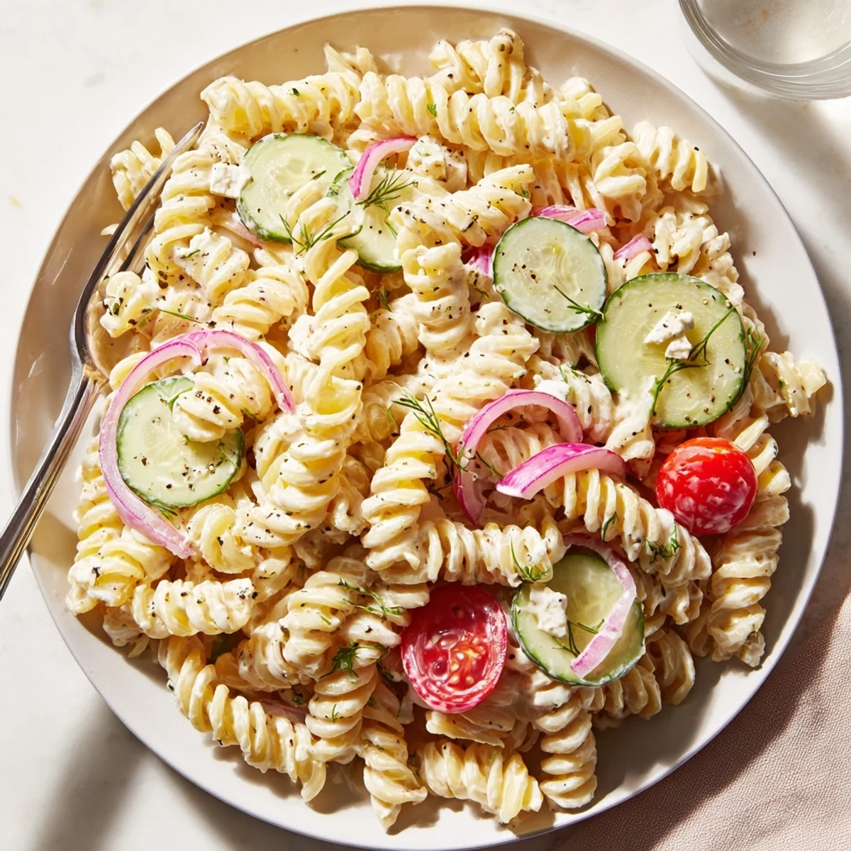 Cucumber Pasta Salad with creamy lemon dressing, crisp cucumbers and dill.